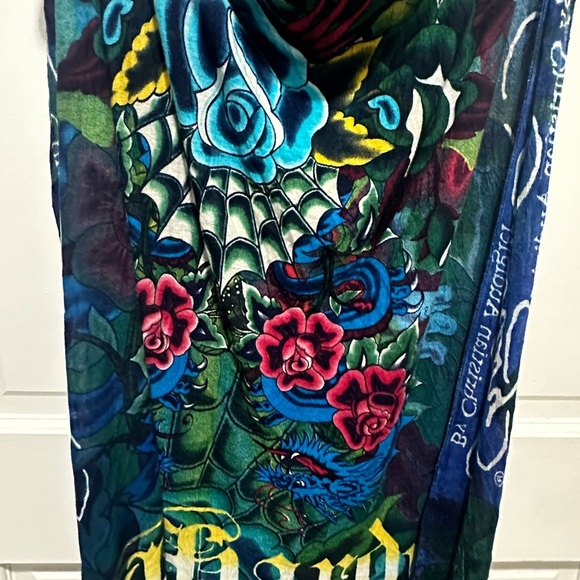 Y2K Ed Hardy Tattoo Print Sheer Scarf by Christian Audigier Graphic Scull Roses - Picture 6 of 7